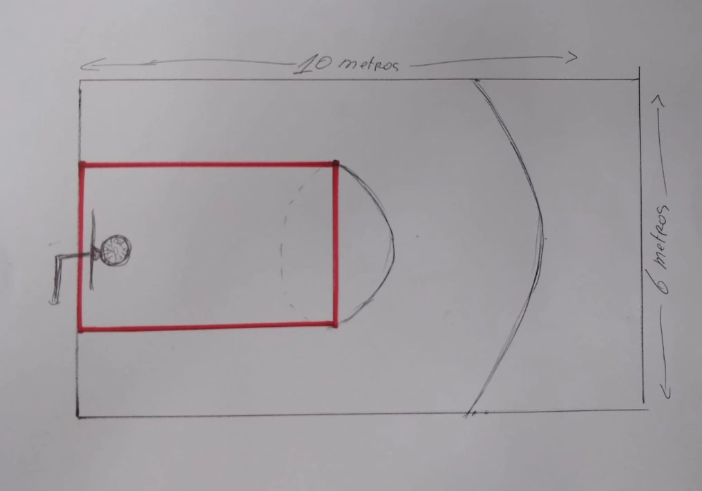 Esboço à mão de uma quadra de basquete com dimensões de 10 metros por 6 metros.