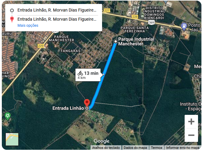 Mapa da rota da trilha do Linhão no Google Maps, 2 km de ida e 2 km de volta.