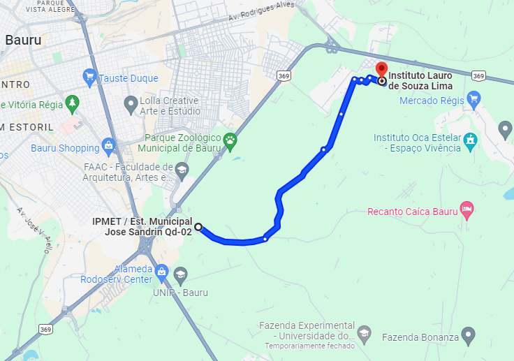 Imagem da rota de bike entre o IPMet Bauru e o Instituto Lauro de Souza Lima no Google Maps.